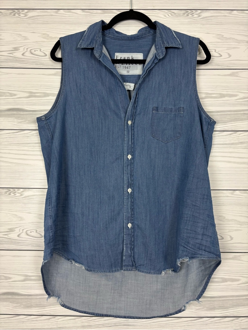 Frank & Eileen Fiona indigo ruffle collar sleeveless button down shirt medium - Picture 2 of 10